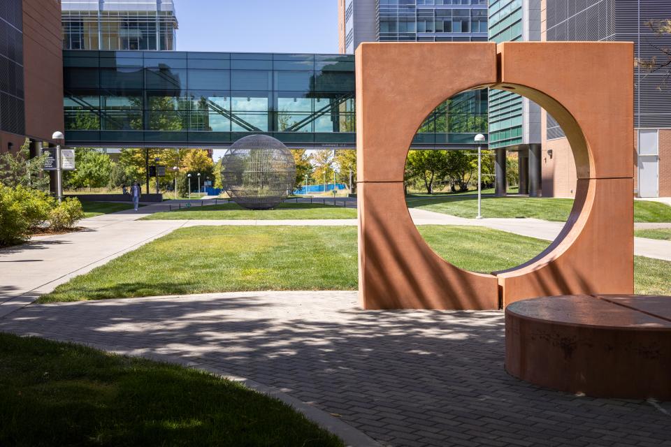 Campus beauty photo of sculpture at CU Anschutz